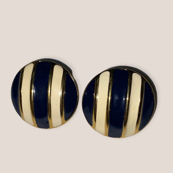 Vintage Navy Blue Stripe Enamel Monet Earrings - Picture 4 of 5